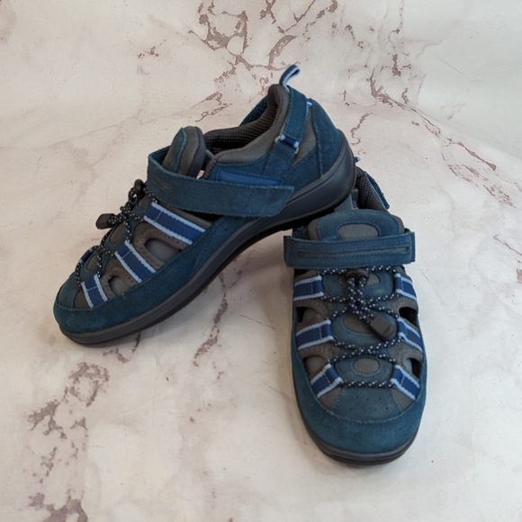 ORTHOFEET Sandal Womens Size 8 2E X Wide Blue Leather Suede Shoes Naples - Picture 1 of 11